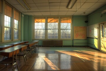 Poster - A classroom with numerous tables and chairs neatly arranged in rows, A peaceful classroom with no one around, only the hum of the lights