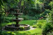 A garden featuring a fountain in the center, surrounded by lush greenery, A peaceful garden with a bubbling fountain and lush greenery
