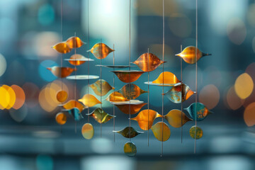 Poster - Graphic of a delicate mobile hanging, with elements representing stocks, bonds, and real estate, balancing investment diversity,