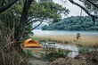 A tent is set up next to a calm lake with a beautiful view of the water, A peaceful lakeside campsite with a view of the water