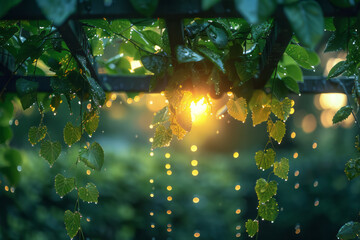 Poster - Garden trellis covered in vines that produce silver and gold coins, twinkling in the morning dew,