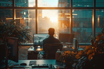 Sticker - A man sitting at a desk, focused on a computer screen, A peaceful moment of reflection in the midst of a chaotic workday