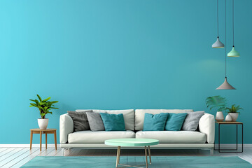 Sticker - Scandinavian interior design of modern living room home with shelf in peach wall.