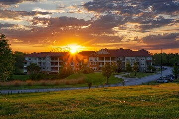 Poster - The sun is setting over a residential area, casting a warm glow on the houses and streets below, A peaceful sunset over a serene retirement community