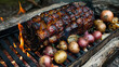 Outdoor-prepared mongolian-style roast with charred golden potatoes and onions, cooked on a rustic wood-fired grill
