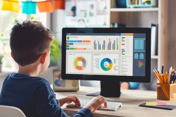 Poster - a young boy sits at a desk, focused on using a computer for learning and activities, a personalized 