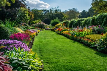 Poster - A manicured garden displaying a lush green lawn with various colorful flowers in full bloom, A perfectly manicured garden with rows of colorful plants