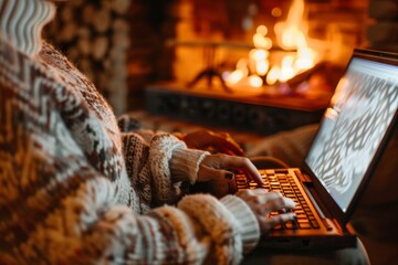 Poster - A person in pajamas sits in front of a laptop, typing on the keyboard, A person in pajamas typing on a keyboard in front of a fireplace