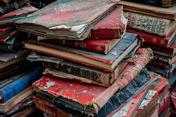 Poster - A stack of worn, old books piled on top of each other, A pile of textbooks with worn covers