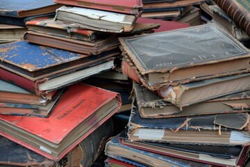 Poster - A pile of old books with worn covers stacked on top of each other, A pile of textbooks with worn covers