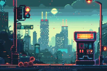 Wall Mural - Pixel art depiction of a city at night with illuminated buildings, streets, and vehicles, A pixelated retro arcade game design
