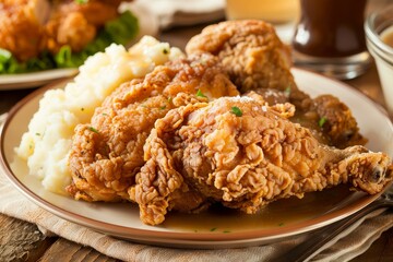 A plate filled with crispy fried chicken pieces and creamy mashed potatoes, A plate of crispy fried chicken with mashed potatoes and gravy