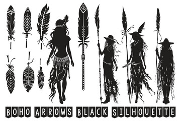 Boho arrows black silhouette, Arrow Feather Moon Illustrations.