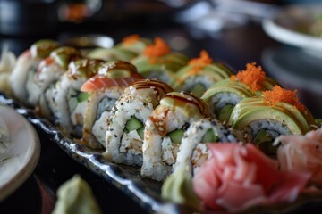 Wall Mural - A plate showcasing a variety of sushi rolls, carefully arranged and ready to be enjoyed, A platter of sushi rolls artfully displayed with pickled ginger and wasabi