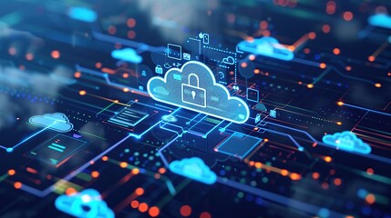 Aufkleber - A computer chip with a cloud on it. The cloud is surrounded by a blue line. Technology background.