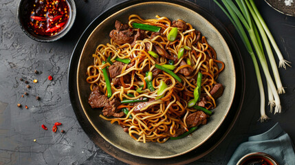 Mongolian beef stir-fry with noodles and green onions, presented in an elegant ceramic bowl for an exquisite asian dining experience