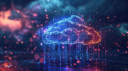 Aufkleber - Digital data cloud concept with glowing polygonal mesh and rain of binary code. Abstract technology background.