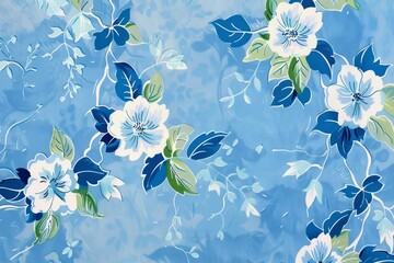 Poster - blue background adorned with white and green flowers in a playful pattern, a playful interpretation 