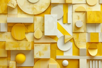 Poster - a yellow and white abstract wall featuring a clock hung among various geometric shapes, a playful mi