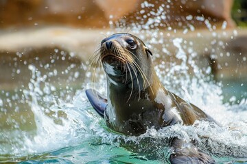 Sticker - A seal is energetically swimming in a pool of water, creating splashes and ripples, A playful sea lion splashing in the water