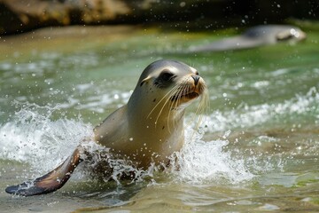 Sticker - A playful sea lion splashing in the water while interacting with a ball, A playful sea lion splashing in the water