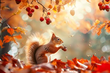 Poster - A squirrel sitting atop a heap of leaves, possibly gathering acorns, A playful squirrel gathering acorns beneath a canopy of changing leaves