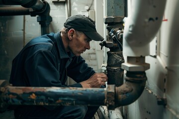 Aufkleber - A man in a factory is focused on repairing a broken pipe, A plumber examining a broken faucet