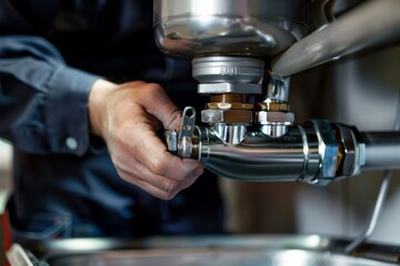 Poster - close up of a person, a plumber, fixing a leaky pipe under a sink with a machine, a plumber fixing a