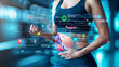 © alisluch - Digital diet infographic, with a girl in a tracksuit in the background. Visualization of metabolism and fat burning.