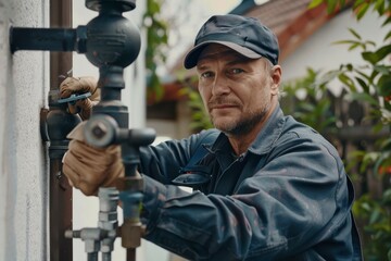 Poster - A plumber in uniform, wearing a blue jacket and hat, is fixing a leaky pipe, A plumber in uniform fixing a leaky pipe