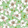 Seamless pattern with tree branches of spring blossoming white apple. Hand drawn vector illustration for background, card, textile, fabric.