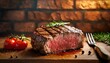 美味しそうなステーキ、熱々、ジューシー、こんがり、赤茶色レンガの壁の背景、視覚的に見やすいイラスト Generated by AI