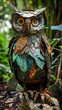 Whimsical Owl Sculpture Crafted from Recycled Materials in Enchanting Garden Landscape