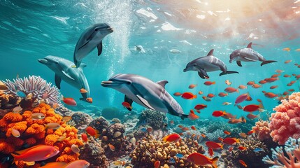 Wall Mural - Underwater scene with dolphins and colorful coral reef full of red fish . Generative Ai