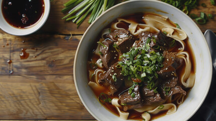 Wall Mural - Authentic mongolian beef noodle soup in a bowl, garnished with green onions and sesame seeds, with sauces on a wooden table