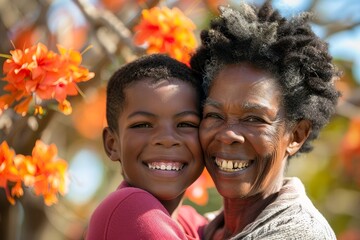 Sticker - A woman and a child are happily smiling at the camera, A portrait of a mother and son smiling together