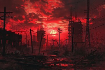 Poster - A painting depicting a red sunset casting a warm glow over a cityscape with buildings, A post-apocalyptic wasteland with crumbling buildings and mutated creatures