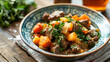 © Michael - Savory mongolian beef stew with tender meat, carrots, and potatoes, topped with fresh herbs, served on a rustic wooden table