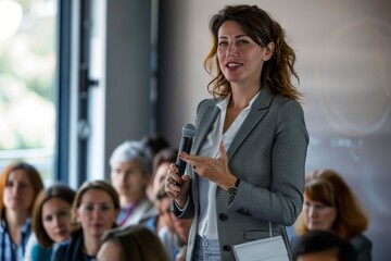 a woman confidently stands before a crowd, holding a microphone and delivering a persuasive presenta