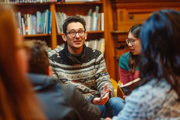 Poster - Diverse group of individuals engaged in a lively discussion in a library setting surrounded by books, A professor in a cozy sweater, discussing a novel with a small group of students