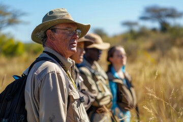 Canvas Print - A professor in a safari hat leads a diverse group of individuals standing in a field of tall grass, A professor in a safari hat, leading a group of students on a field trip