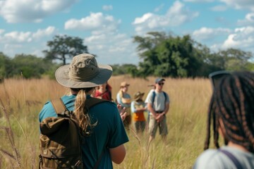 Poster - Group of people led by a professor in a safari hat, standing in a field, A professor in a safari hat, leading a group of students on a field trip