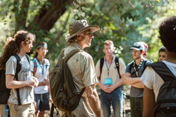 Poster - A professor in a safari hat is leading a group of students standing around each other, A professor in a safari hat, leading a group of students on a field trip