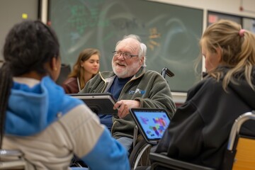 Poster - Group of People Engaged in Classroom Discussion, A professor in a wheelchair, using a tablet to communicate with students