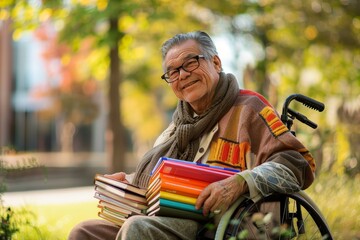 Poster - A professor in a wheelchair smiling kindly while holding a stack of books, A professor in a wheelchair, with a kind smile and a stack of colorful textbooks in their lap