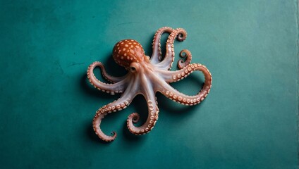 Single octopus on teal tabletop, top view with space for text