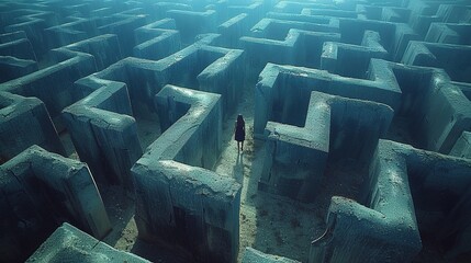 A person is walking through a maze with a large wall on the side