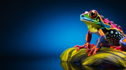 Vibrant, colorful frog sitting on a rock against a deep blue background.