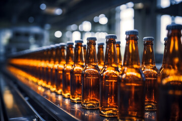 Wall Mural - Production line of beer factory. Conveyor belt with bottles. Industrial background