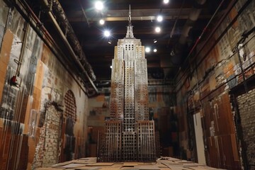 Poster - A detailed reconstruction of the Empire State Building displayed indoors, A reconstructed Empire State Building made entirely of recycled materials